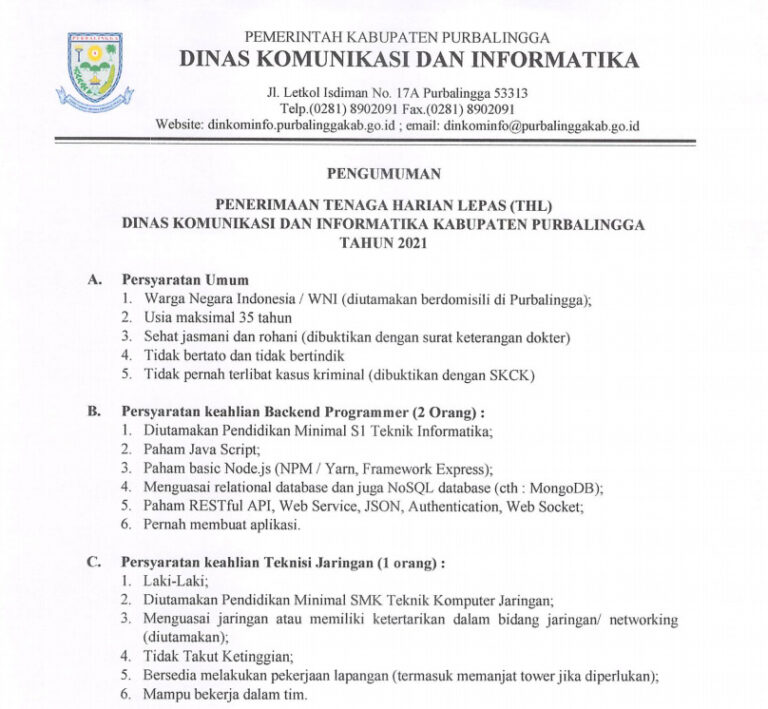 PENGUMUMAN!!! PENERIMAAN TENAGA HARIAN LEPAS DINKOMINFO PURBALINGGA TAHUN 2021